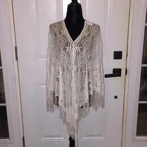 Savvy White Lace Poncho with Fringe One Size
